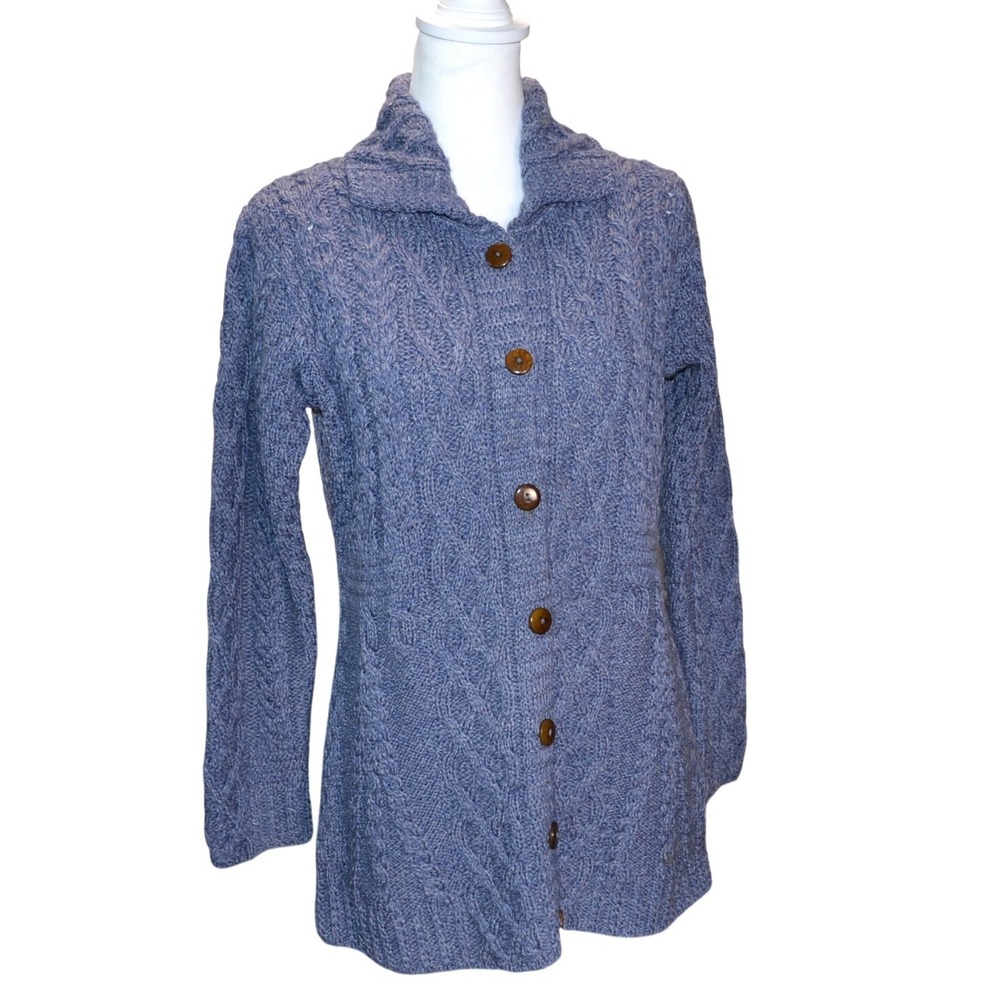 Aran Woollen Mills Cardigan Womens Periwinkle Blue Cable Knit Merino Wool L/XL